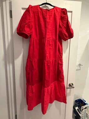 Old Navy Red Tiered Midi Dress with Puff Sleeves